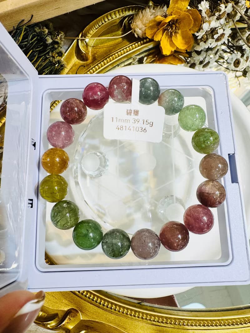 天然仙女色彩碧璽11mm39.15g帶紫灰碧璽水晶手鍊招財事業強磁場
