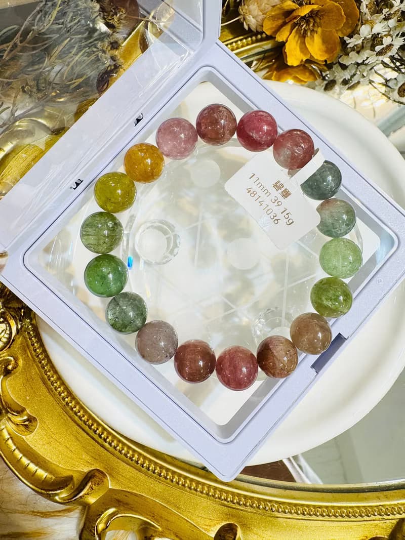 天然仙女色彩碧璽11mm39.15g帶紫灰碧璽水晶手鍊招財事業強磁場