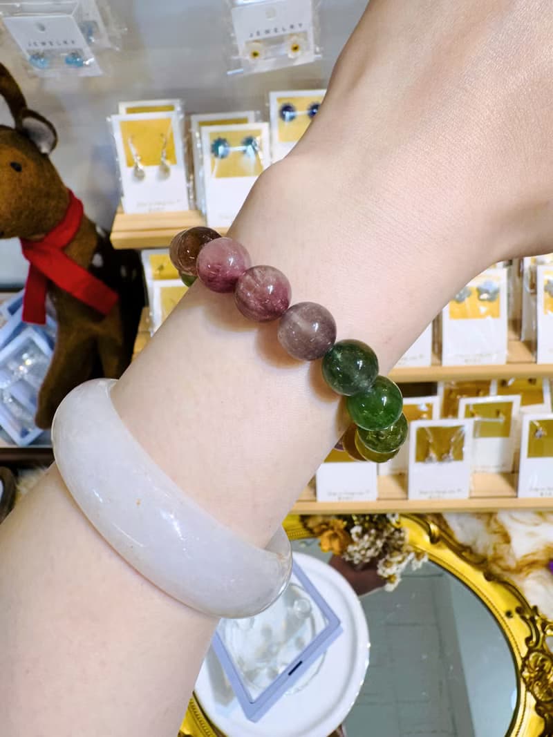 天然仙女色彩碧璽11mm39.15g帶紫灰碧璽水晶手鍊招財事業強磁場