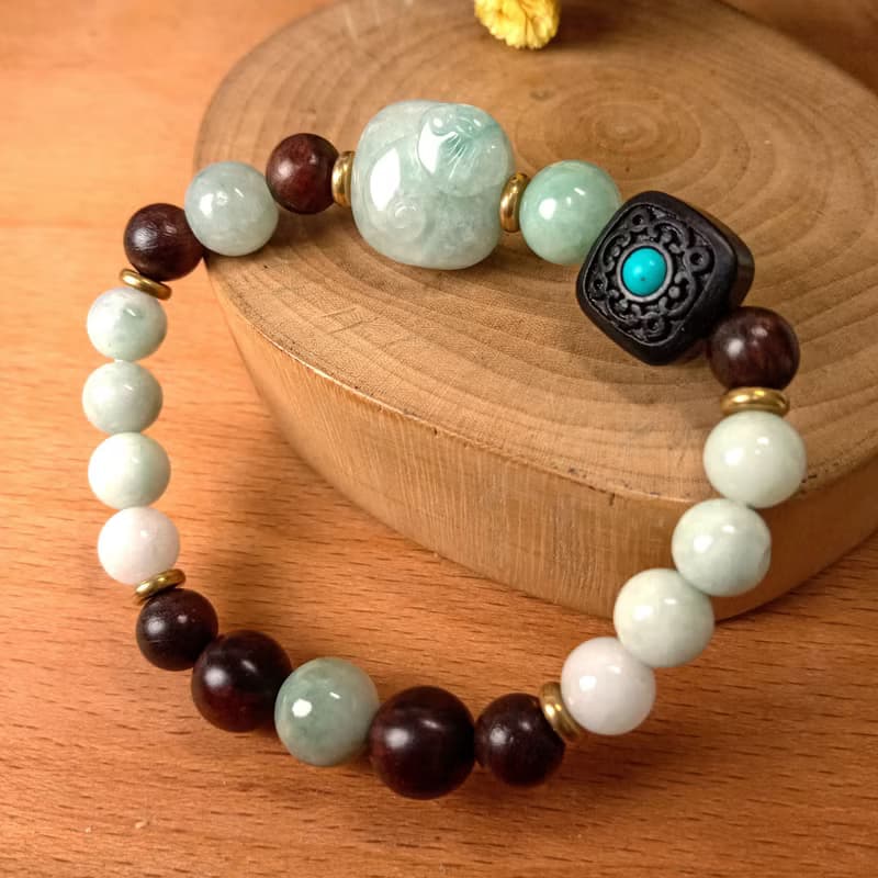 珠串雕刻手鍊 吉祥如意/花青種緬甸玉+黑檀木