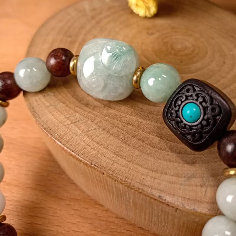 珠串雕刻手鍊 吉祥如意/花青種緬甸玉+黑檀木