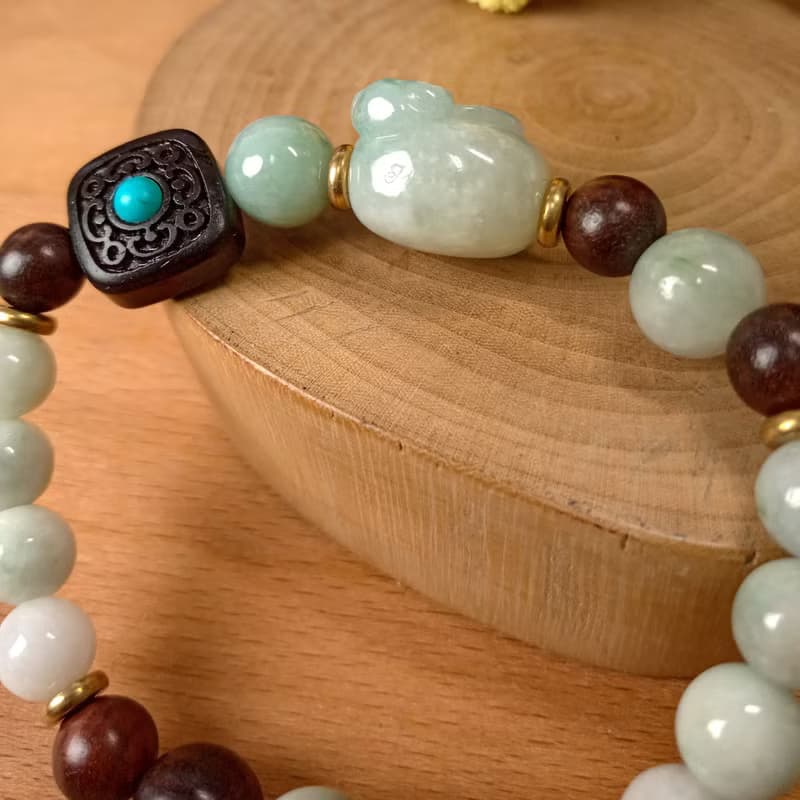 珠串雕刻手鍊 吉祥如意/花青種緬甸玉+黑檀木