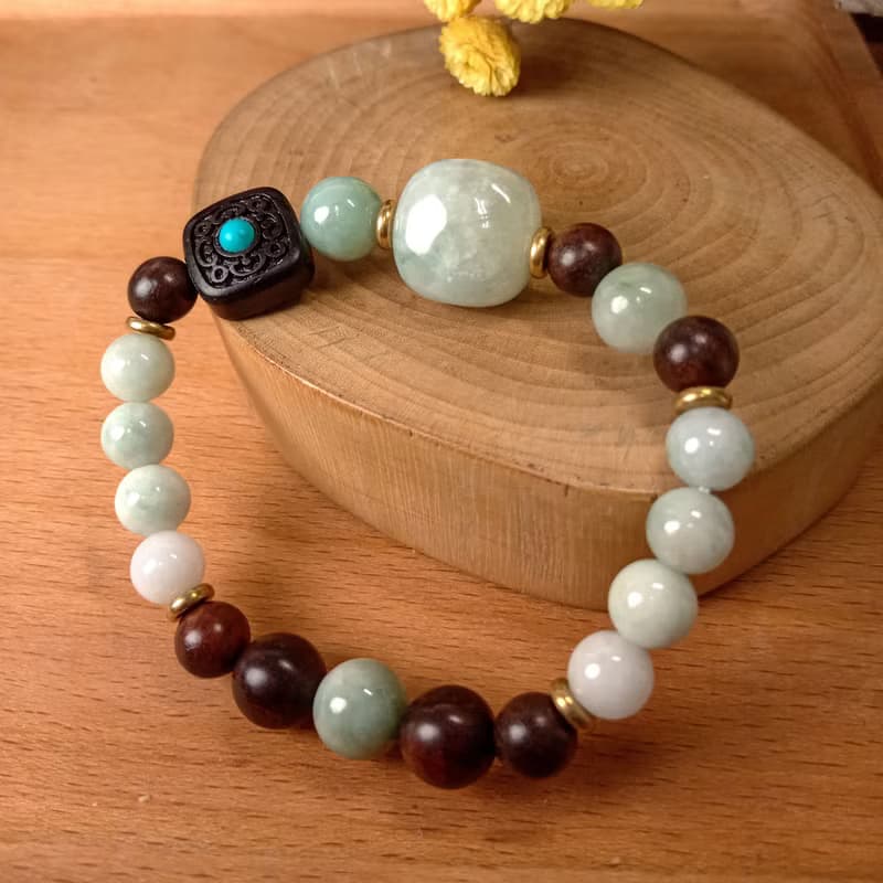 珠串雕刻手鍊 吉祥如意/花青種緬甸玉+黑檀木