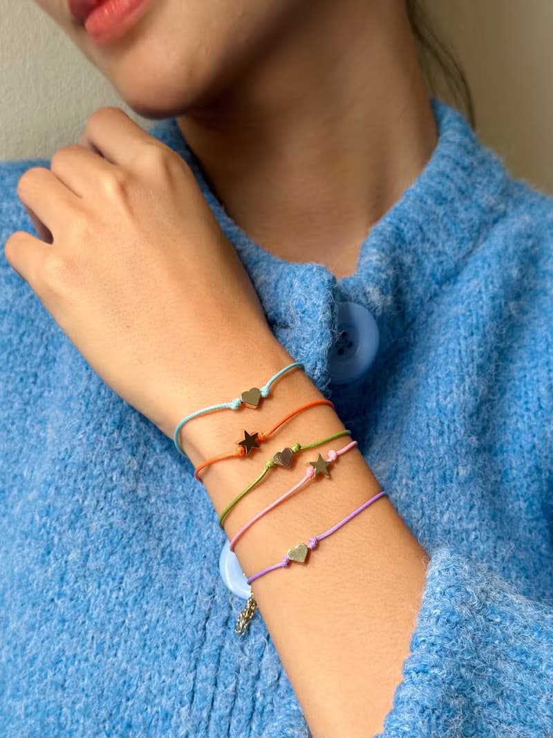 Bracelet Macaron • 18k Gold Heart Star Pendant • Handmade Colorful Leather Cord