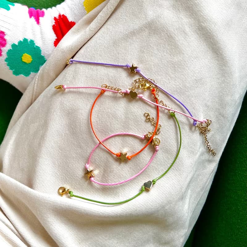 Bracelet Macaron • 18k Gold Heart Star Pendant • Handmade Colorful Leather Cord