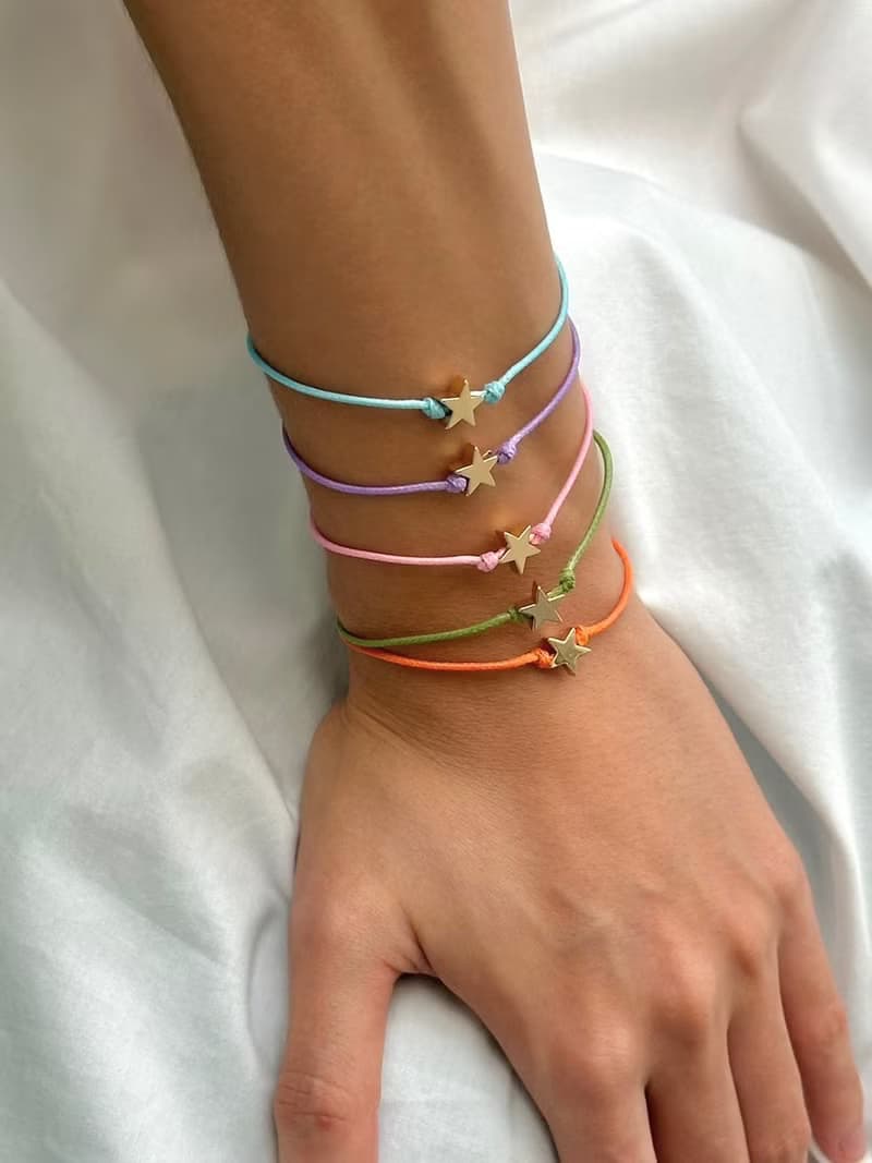 Bracelet Macaron • 18k Gold Heart Star Pendant • Handmade Colorful Leather Cord