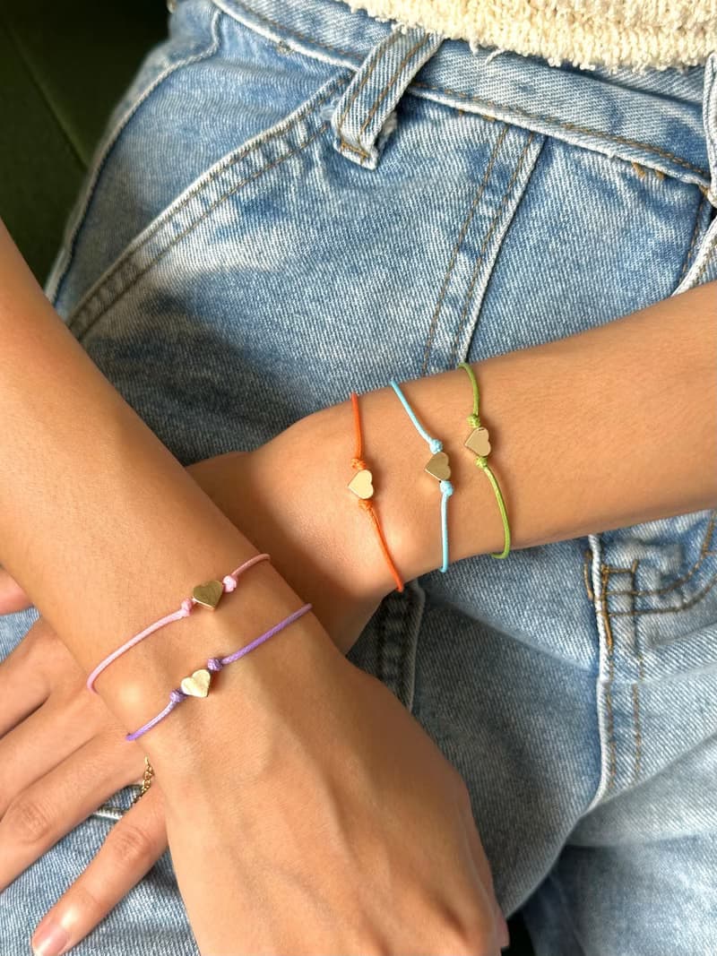 Bracelet Macaron • 18k Gold Heart Star Pendant • Handmade Colorful Leather Cord