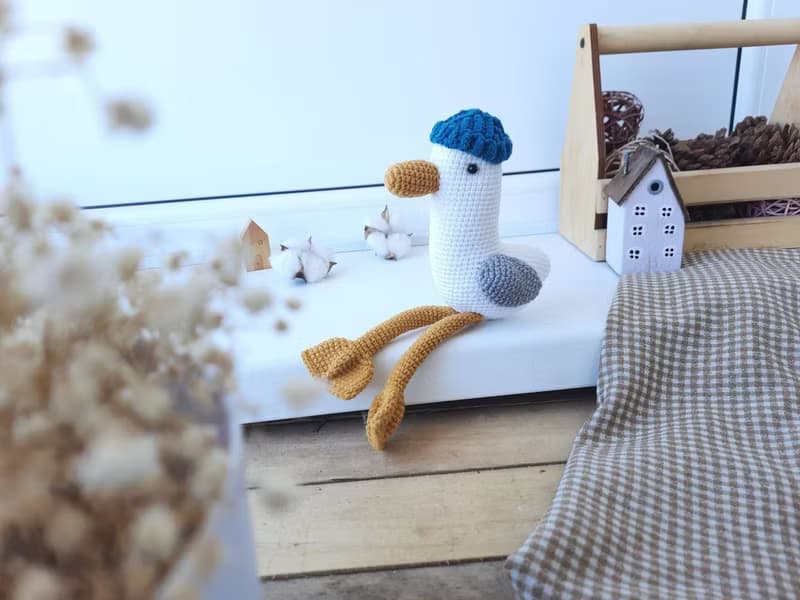 Soft toy seagull companion on trips and hikes. Gift for active recreation friend