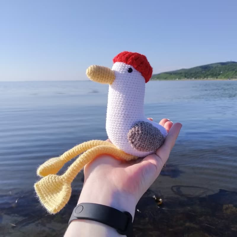 Soft toy seagull companion on trips and hikes. Gift for active recreation friend