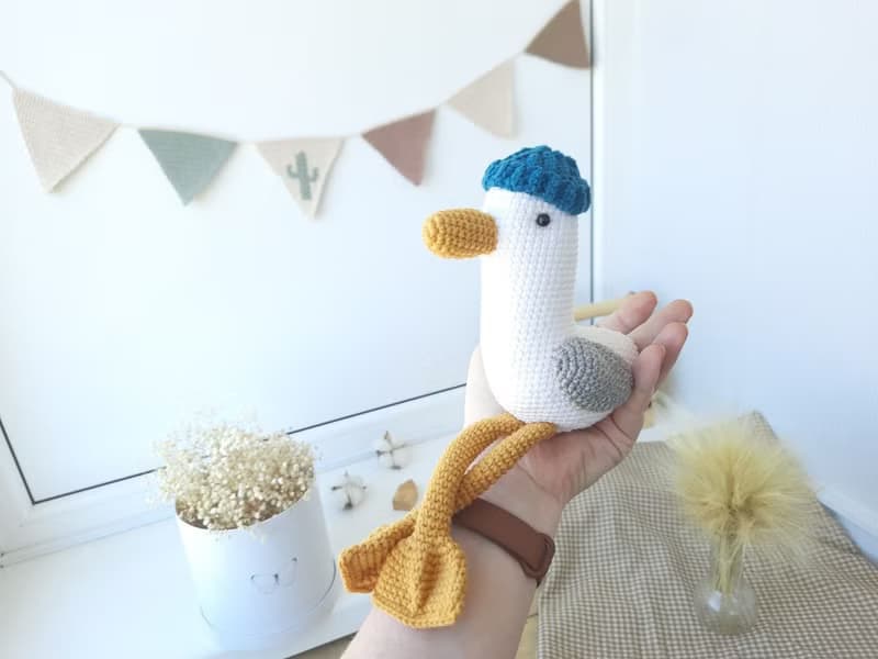 Soft toy seagull companion on trips and hikes. Gift for active recreation friend