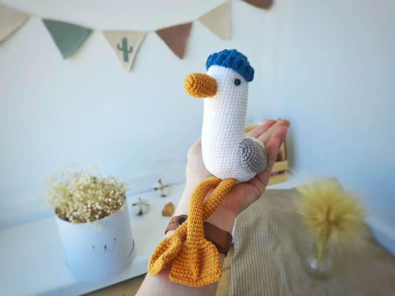 Soft toy seagull companion on trips and hikes. Gift for active recreation friend