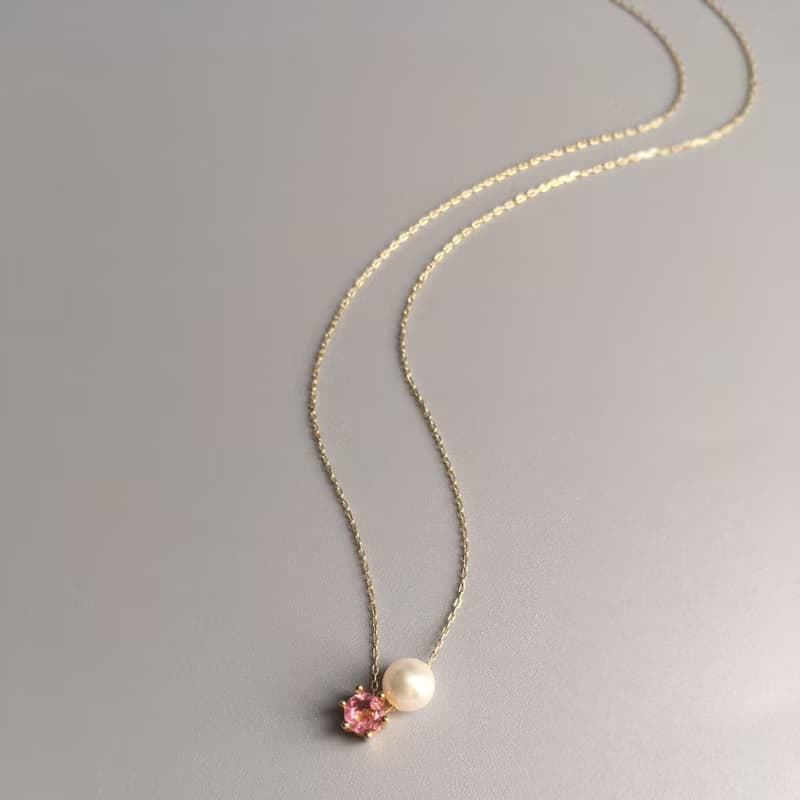 K10/K14gf Pink Tourmaline Necklace, Oct Birthstone, Pearl Necklace