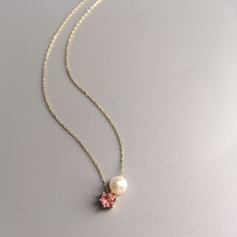K10/K14gf Pink Tourmaline Necklace, Oct Birthstone, Pearl Necklace