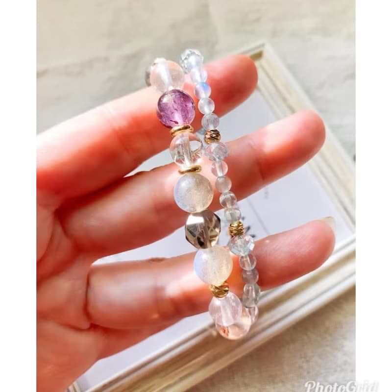 頂級高品托帕石/紫幽靈/茶水晶/拉長石/冰種粉水晶 手作雙圈手鍊