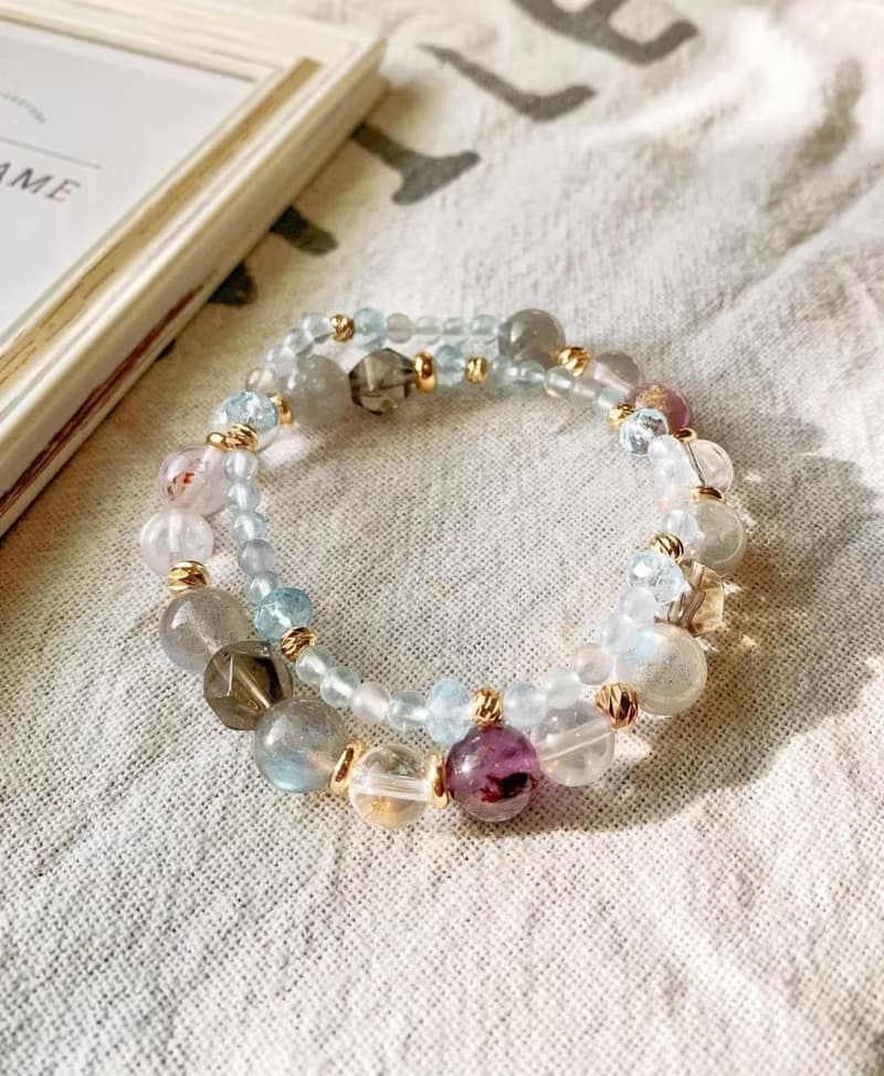 頂級高品托帕石/紫幽靈/茶水晶/拉長石/冰種粉水晶 手作雙圈手鍊