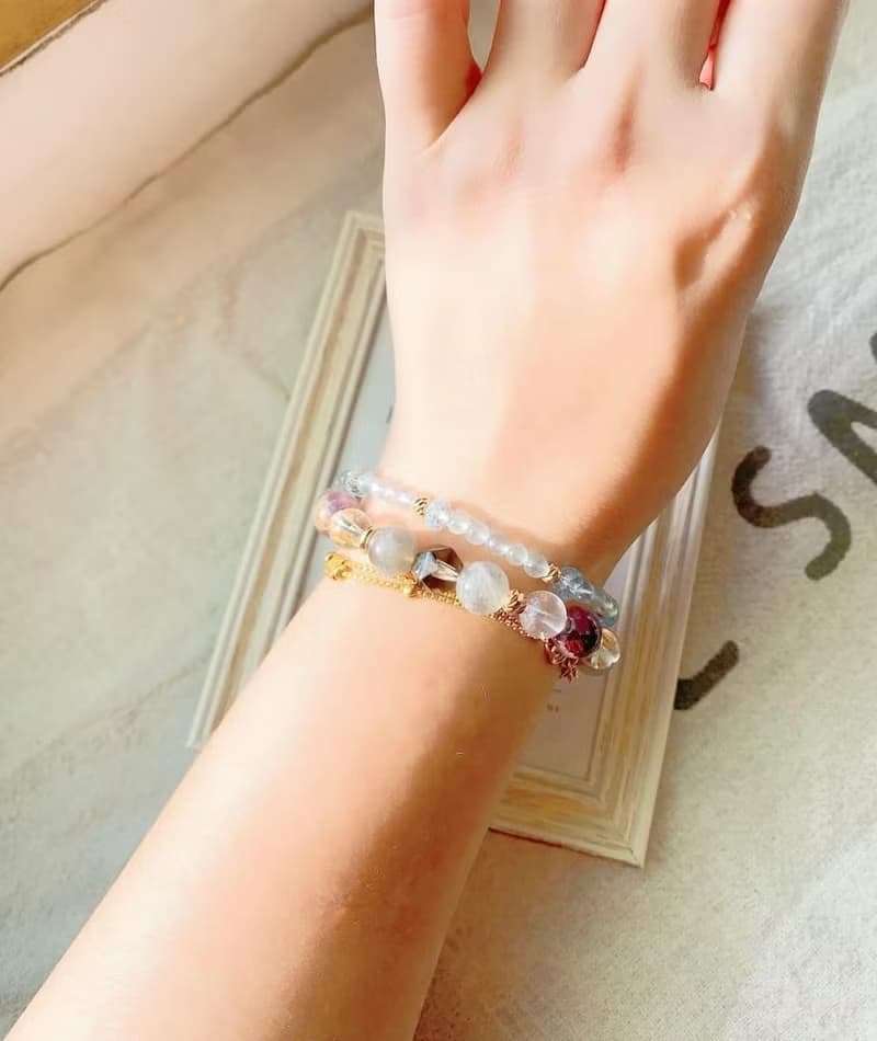 頂級高品托帕石/紫幽靈/茶水晶/拉長石/冰種粉水晶 手作雙圈手鍊