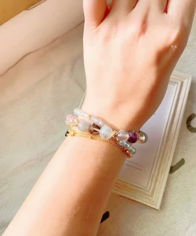 頂級高品托帕石/紫幽靈/茶水晶/拉長石/冰種粉水晶 手作雙圈手鍊