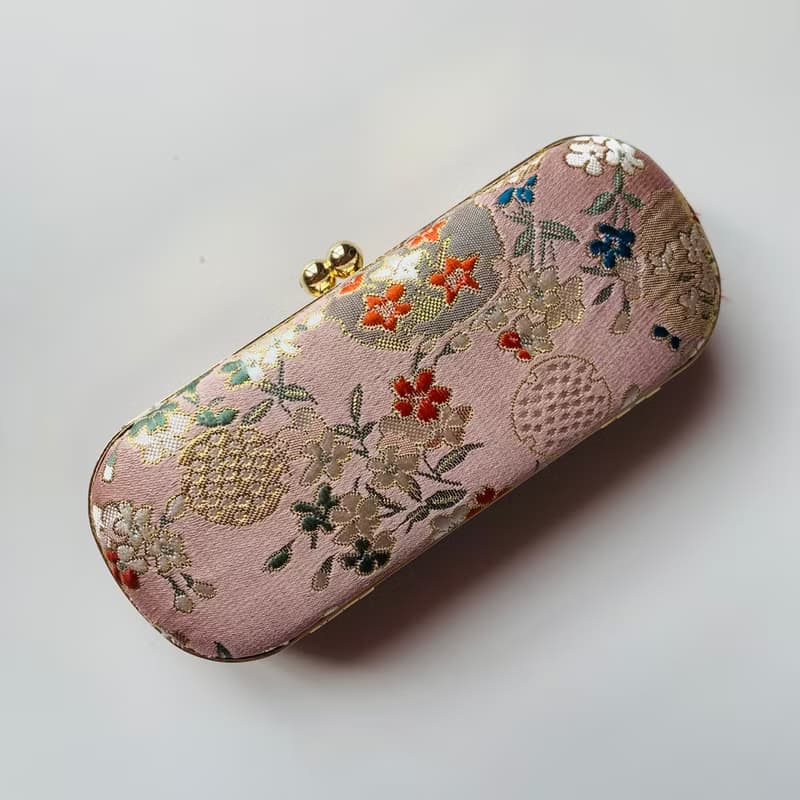 粉色織錦緞繁花眼鏡盒/筆盒/首飾盒