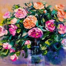Pink Yellow Roses Flower Bouquet Vase Oil Painting Impasto Original ArtistSvinar