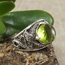 Silver Snake Ring Olive Green Glass Adjustable Free Size Statement Ring Jewelry