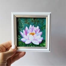 Pink lotus on the pond framed picture / Miniature painting with pink lily