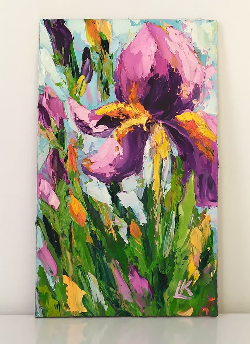 Iris Oil Painting on Panel Mini Purple Flower Wall Art Violet Iris Impasto Art