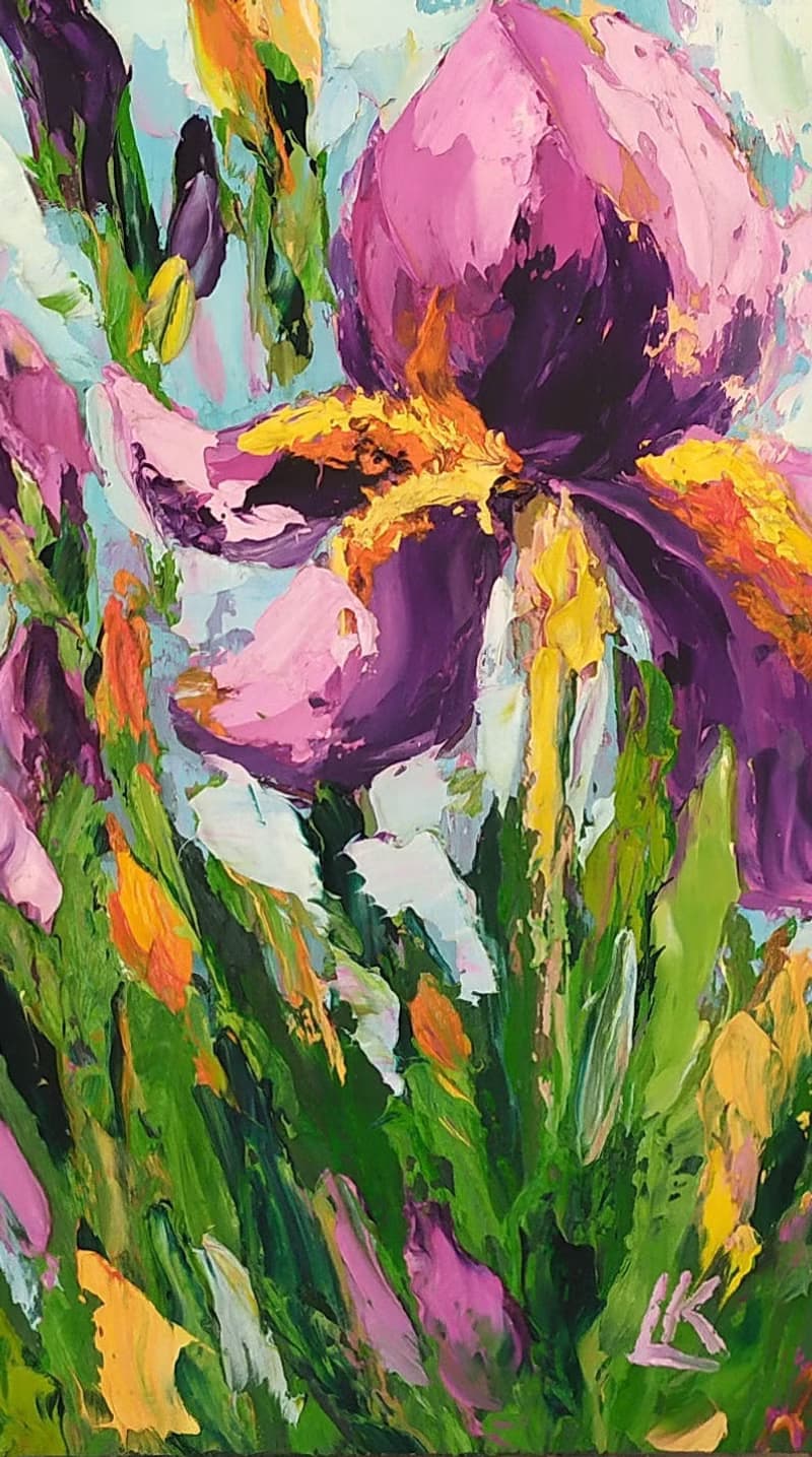 Iris Oil Painting on Panel Mini Purple Flower Wall Art Violet Iris Impasto Art
