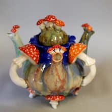 Mushrooms Three Spout Teapot Amanita Alice in Wonderland Ceramic sculpture