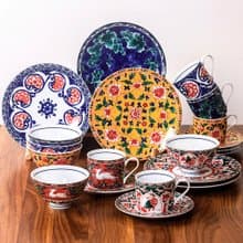 日本和藍游吟詩人手繪釉下彩米飯碗陶瓷平盤菜盤咖啡杯碟禮盒套裝