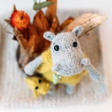 White and gray Hippo knitting pattern. Basic set of removable clothes. Amigurumi