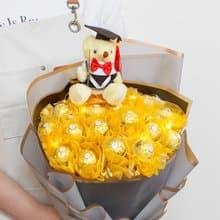 畢業花束 畢業熊+豪華版金莎18顆花束 附燈串 低調金 A012