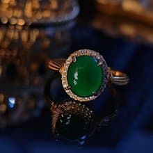 |貴氣招財|A貨翡翠冰玻綠大蛋面9.5mm純銀鍍18k黃簡約戒指