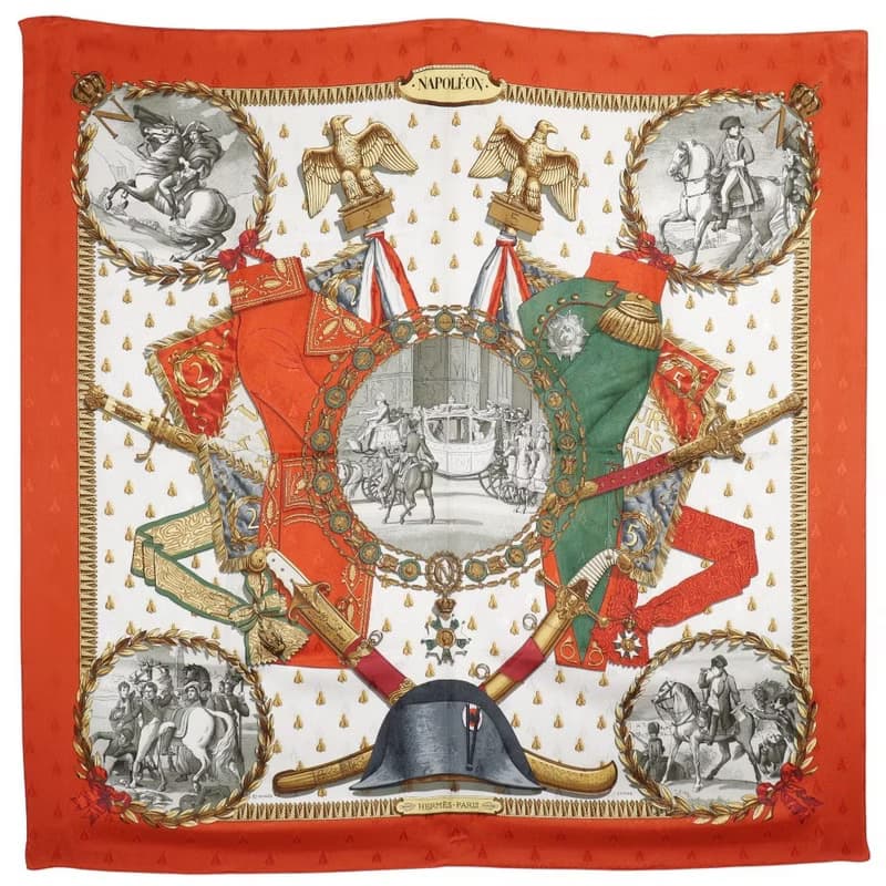 【日本直送】エルメス HERMES カレ90 スカーフ NAPOLEON ナポレオン シルク 白/オレンジ レディース【中古】