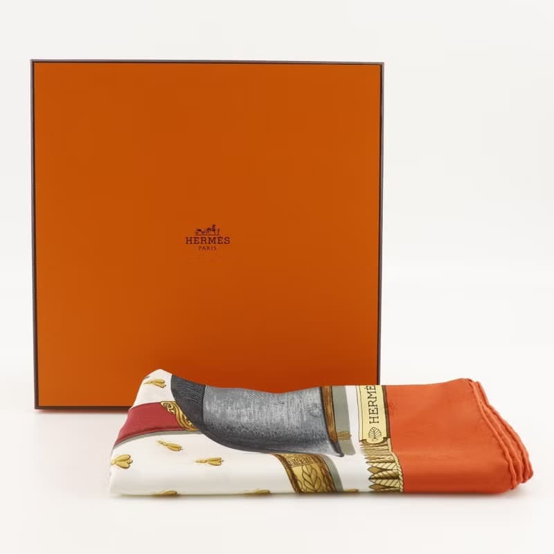 【日本直送】エルメス HERMES カレ90 スカーフ NAPOLEON ナポレオン シルク 白/オレンジ レディース【中古】