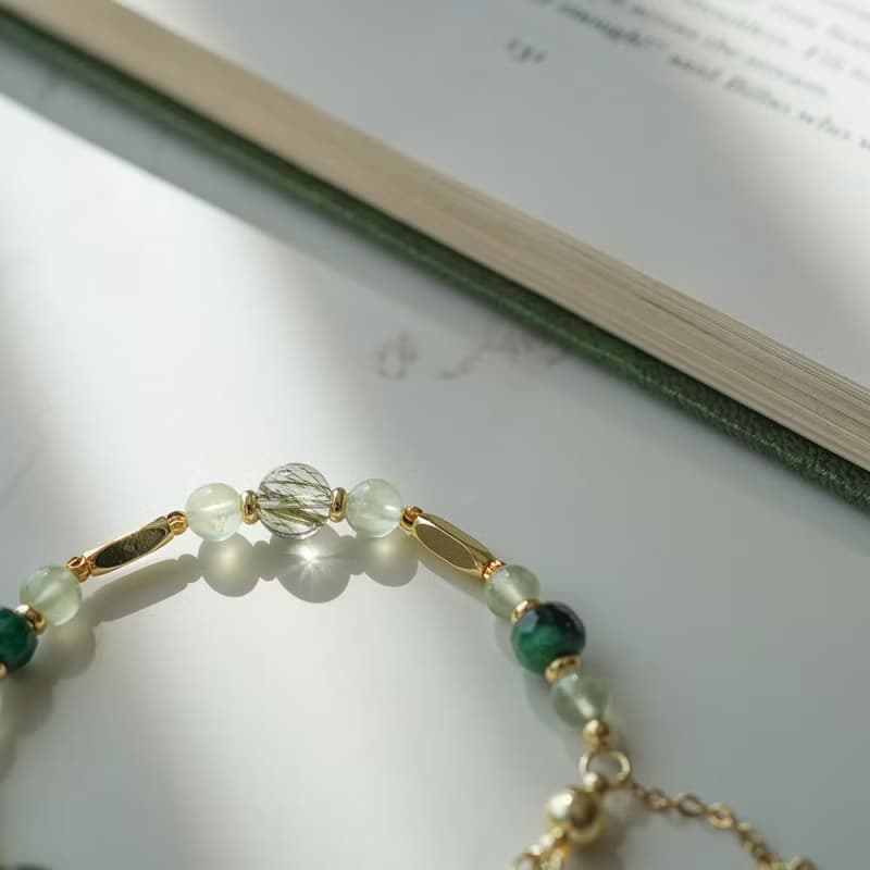 綠髮晶切面祖母綠葡萄石14KGF磁扣手鏈