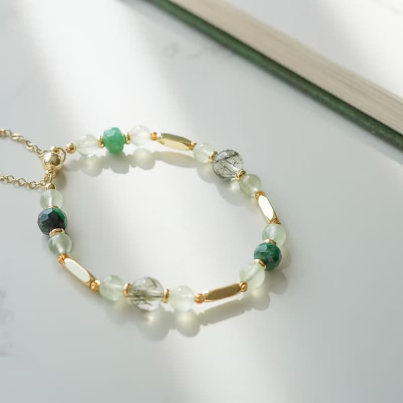 綠髮晶切面祖母綠葡萄石14KGF磁扣手鏈