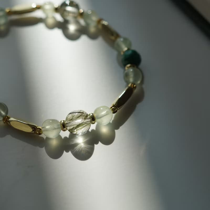 綠髮晶切面祖母綠葡萄石14KGF磁扣手鏈