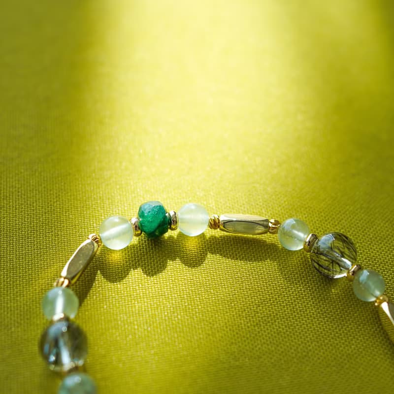 綠髮晶切面祖母綠葡萄石14KGF磁扣手鏈