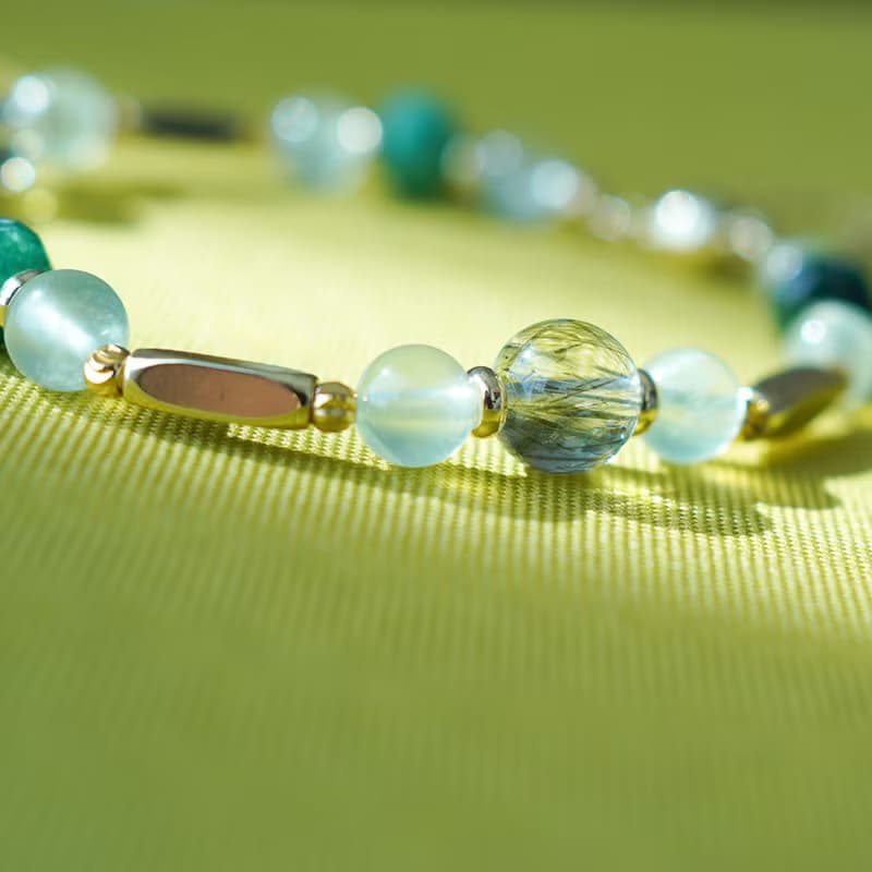 綠髮晶切面祖母綠葡萄石14KGF磁扣手鏈