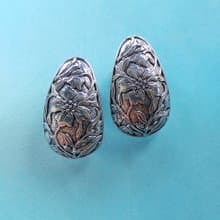 Vintage Jewelry 西洋古董飾品 銀色調 壓花紋 夾式耳環