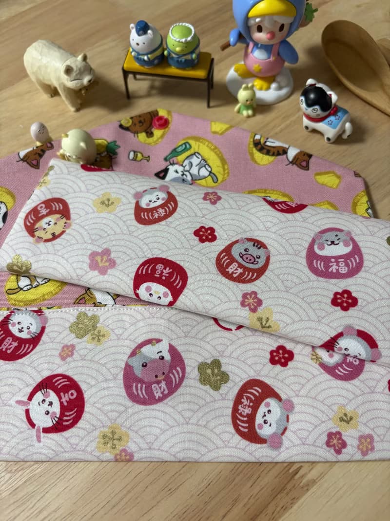 文青風環保純棉筷袋 卡哇伊福氣玩偶 原胚粉白 12生肖 吉祥帶財