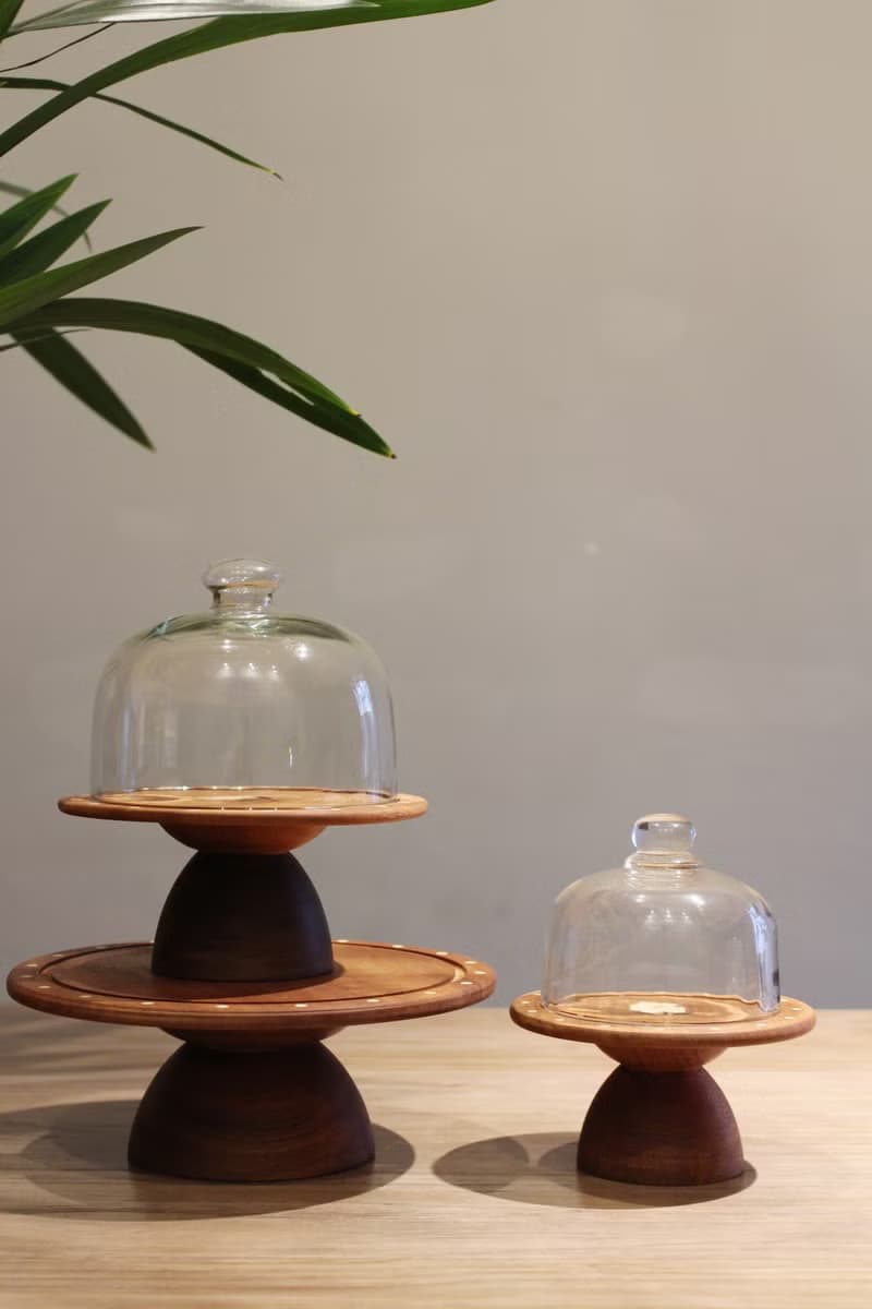 喵有型小花高腳木盤日式中式茶點水果復古家用蛋糕點心圓盤子帶蓋