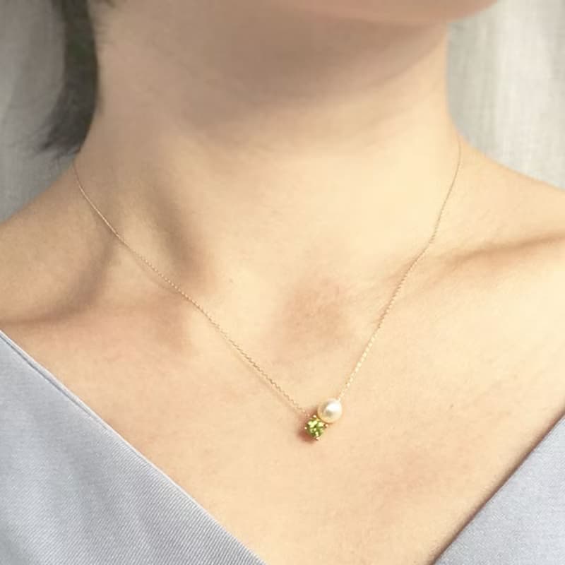 K10/SV925 Peridot Necklace, August Birthstone, Pearl Dainty Necklace