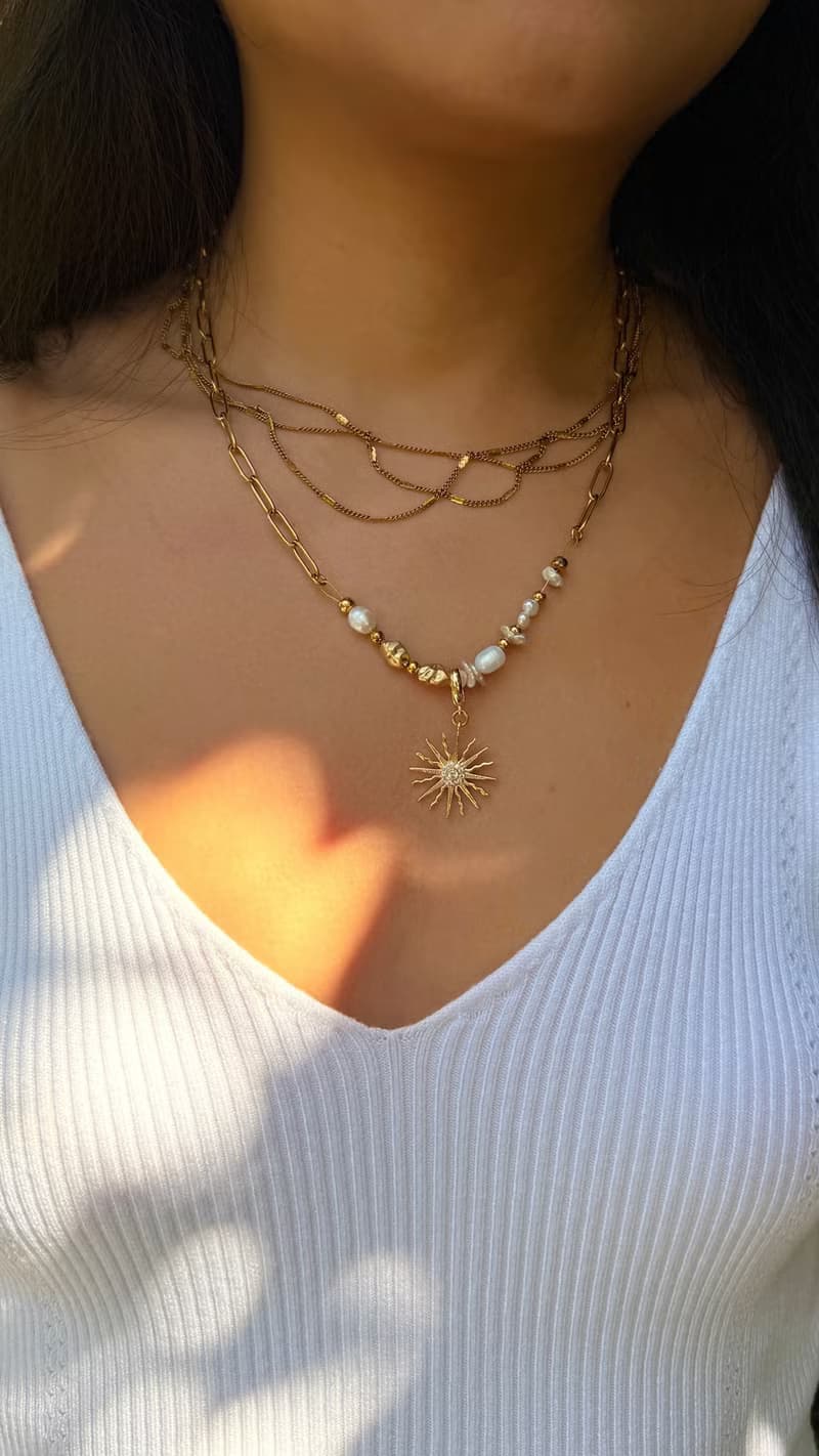 歐美天然巴洛克淡水珍珠太陽吊墜項鍊 | 18K醫療鋼 生日情人節