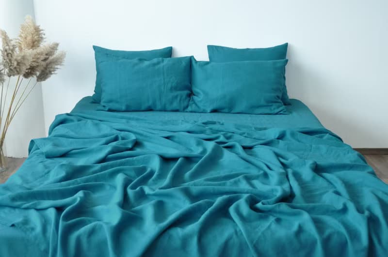 Sea wave linen sheet set / Flat+fitted sheet+2 pillowcases / Blue bedding