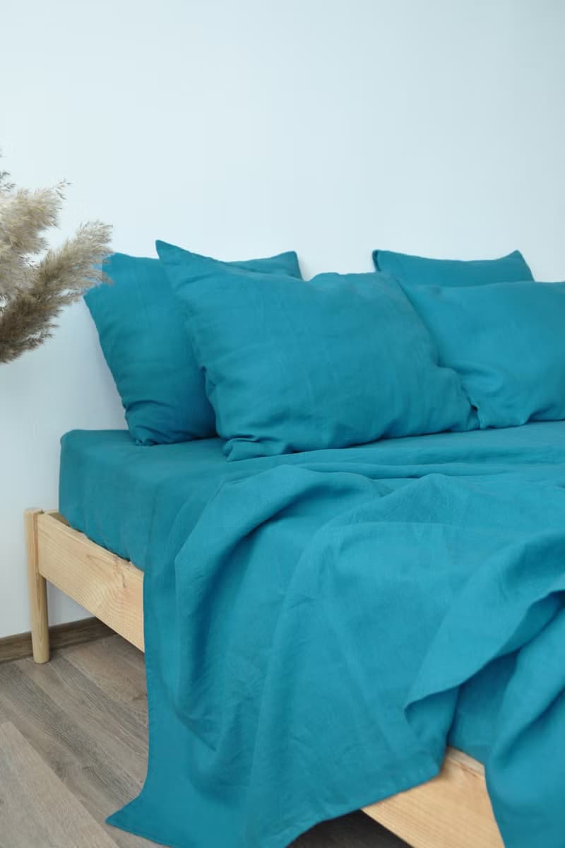 Sea wave linen sheet set / Flat+fitted sheet+2 pillowcases / Blue bedding