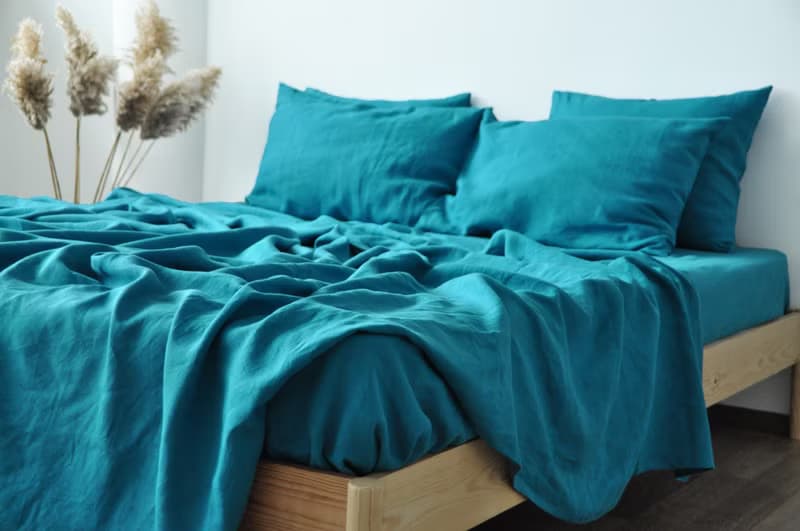 Sea wave linen sheet set / Flat+fitted sheet+2 pillowcases / Blue bedding