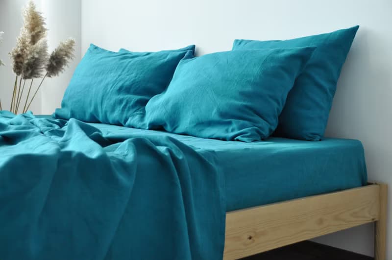 Sea wave linen sheet set / Flat+fitted sheet+2 pillowcases / Blue bedding