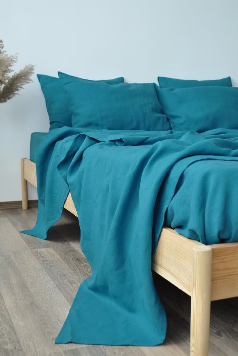 Sea wave linen sheet set / Flat+fitted sheet+2 pillowcases / Blue bedding