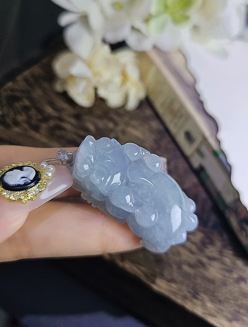 招財神獸|冰膠藍紫大貔貅|緬甸A貨翡翠純銀吊墜